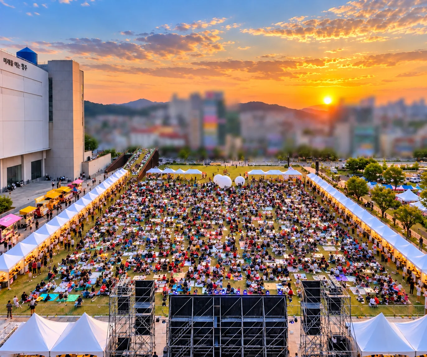 대형 야외 축제 — 광장 전체에 테이블 · 의자를 깔고 무대를 세운 저녁 풍경